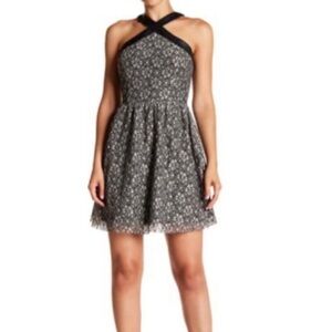 Moon River Lace Halter Neck Faux Leather Trimmed Fit & Flare Mini Dress